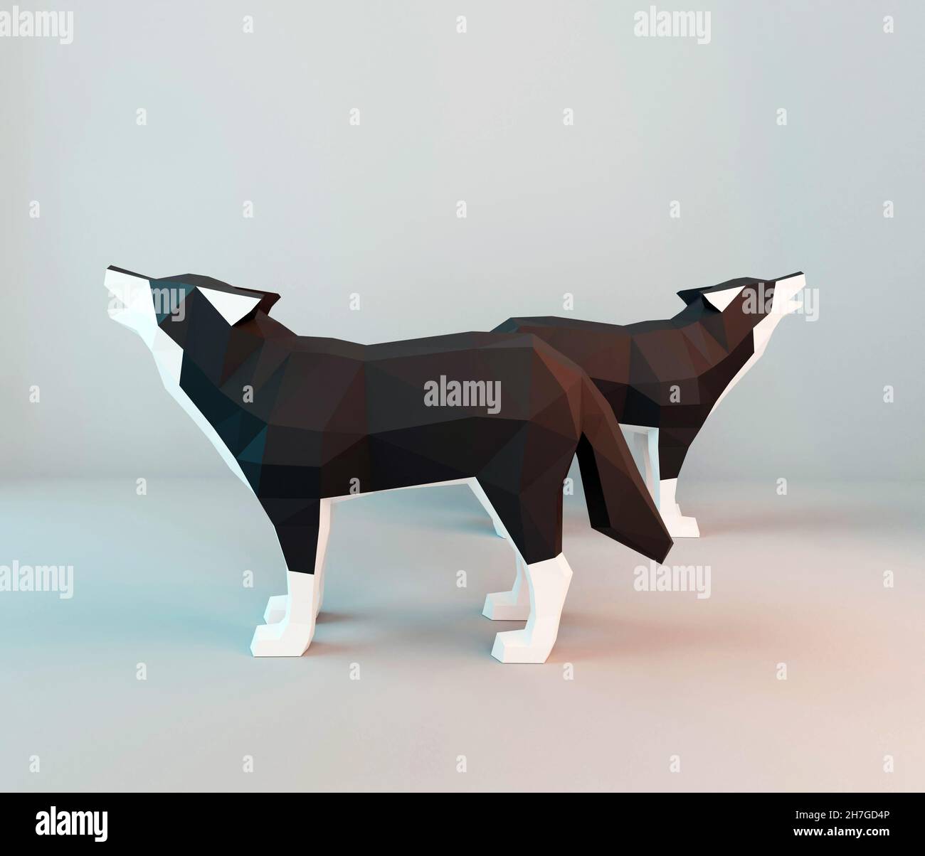 low poly howling wolves, polygonal art, 3d render Stock Photo
