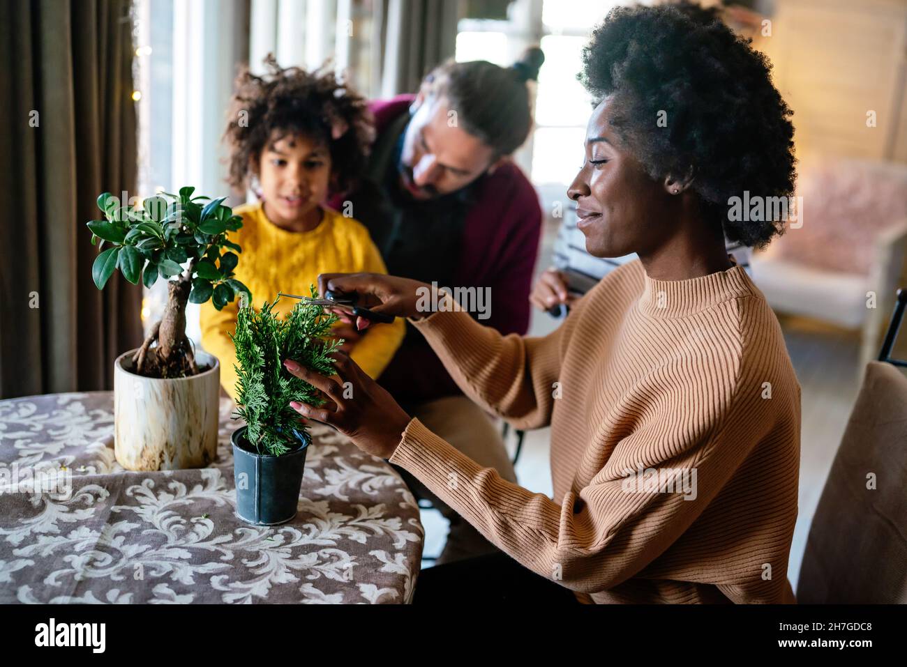 Home hobbies gardening with children and learning botany. Family love happiness concept Stock Photo