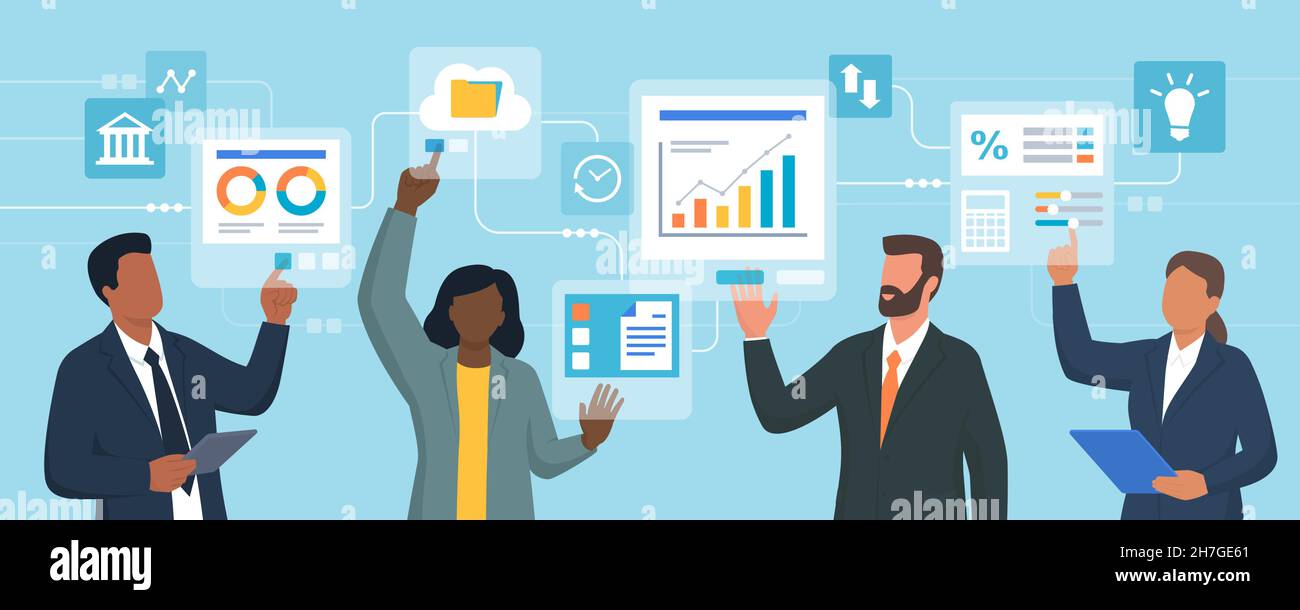 Corporate business people interacting with digital interfaces, innovative management and digital transformation concept Stock Vector