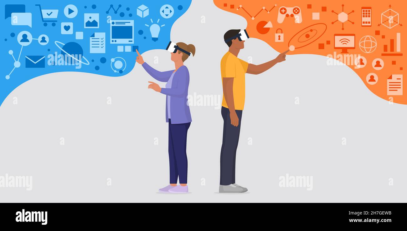 Man and woman wearing a VR headset and experiencing their own virtual universe Stock Vector