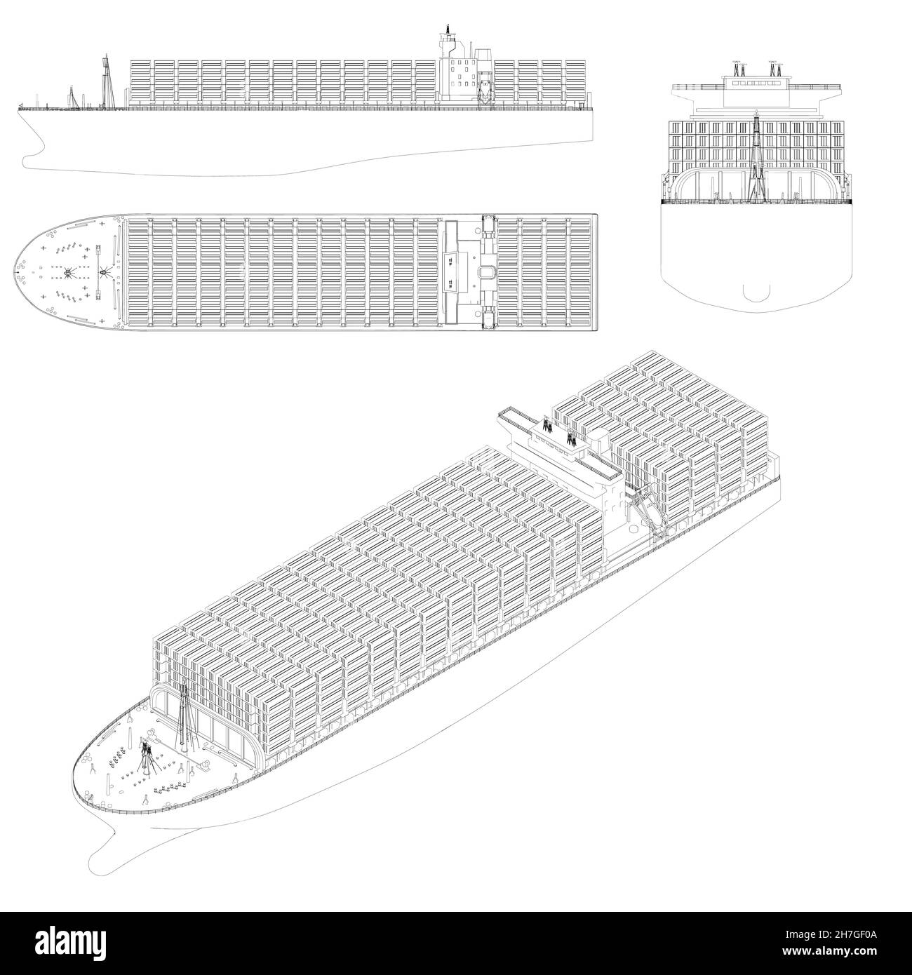 Set of contour cargo ships with containers from black lines isolated on white background. Side view, isometric, top, front. Vector illustration Stock Vector