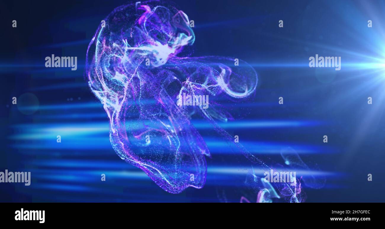 Image of glowing blue and pink particle forms and blue lights moving on ...