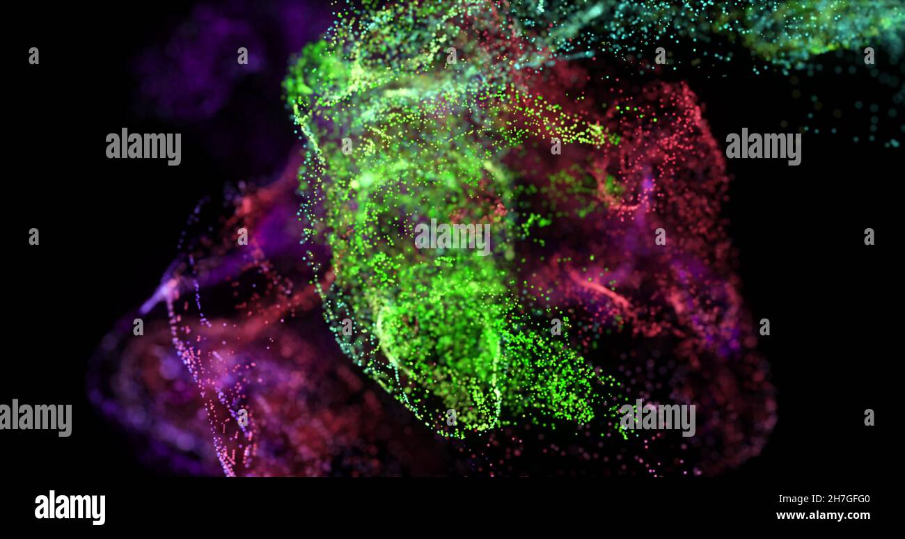 Image of pink and green particle clouds moving on black background Stock Photo