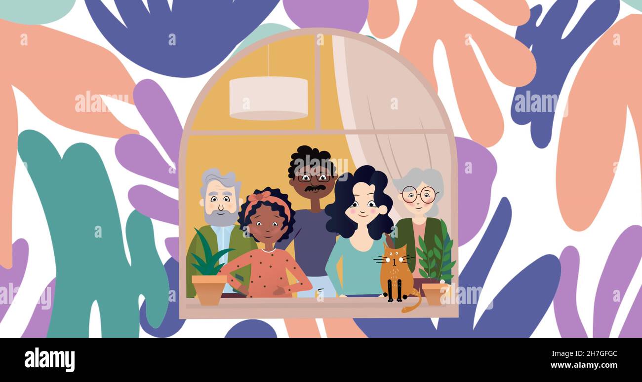 Image of illustration of happy multi generation biracial family at home, with leaf shapes Stock Photo