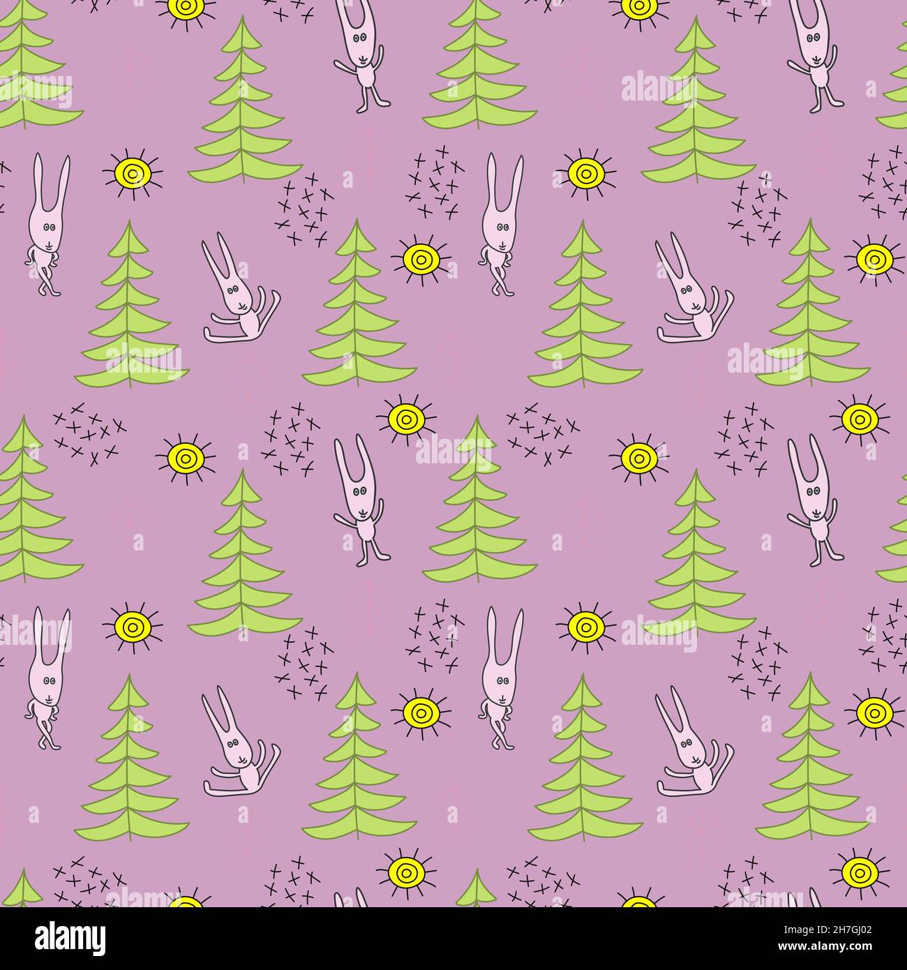 Seamless pattern with fir trees and rabbits. Christmas background
