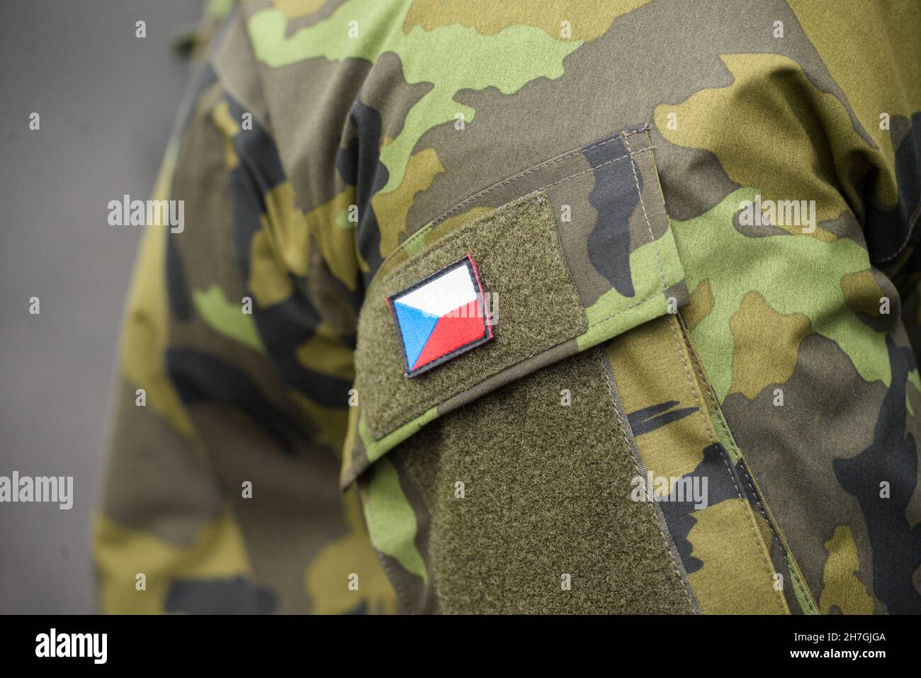 Czech army uniform with the Czech flag on the shoulder. Czech military, selective focus. Stock Photo