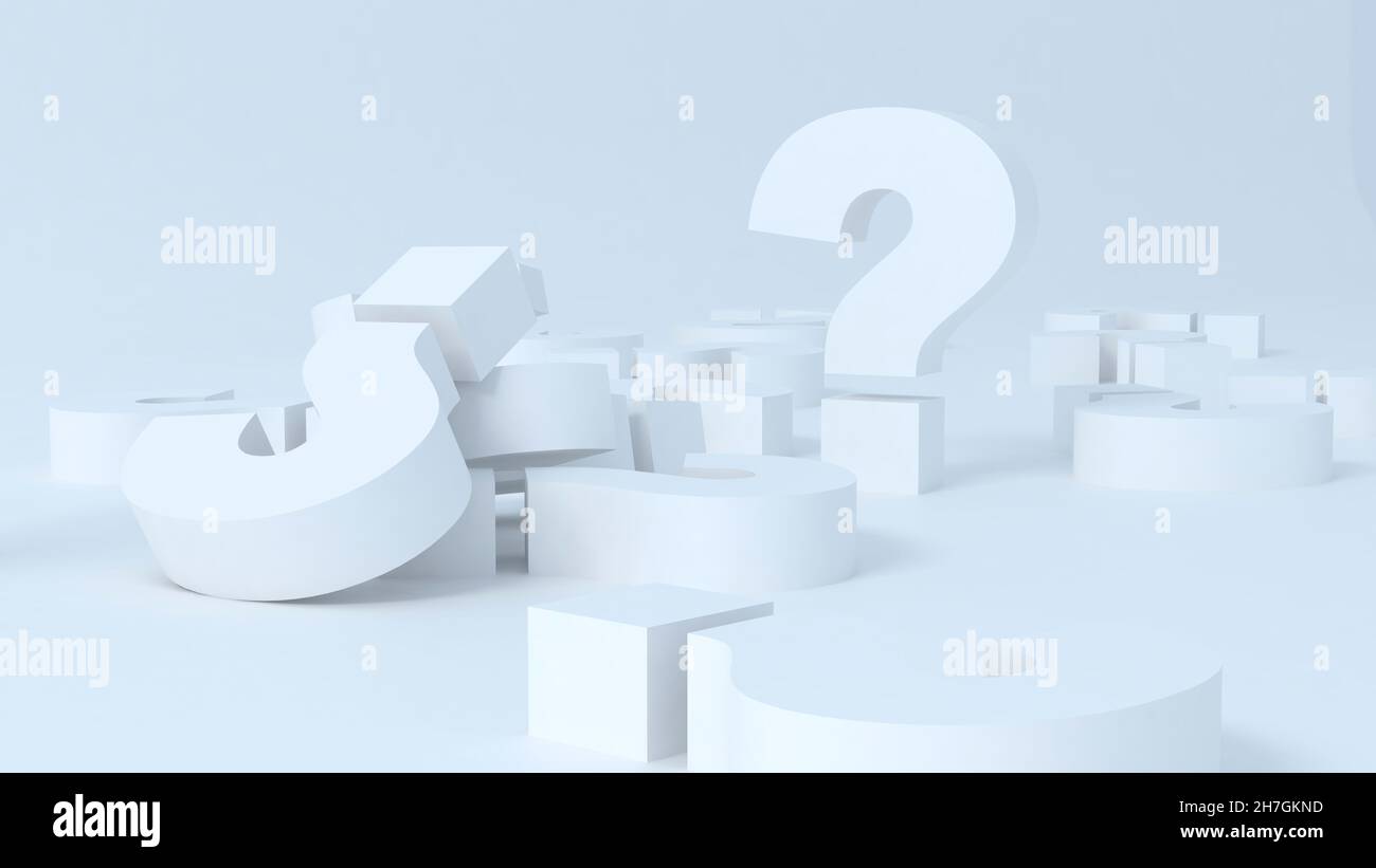 Close up image of large pile of question marks one standing. 3D render Stock Photo