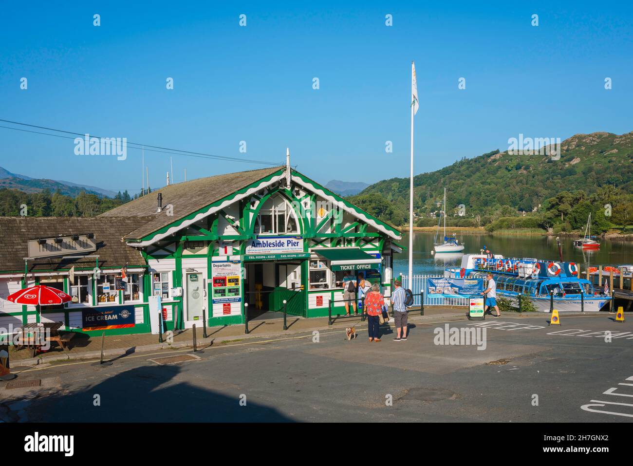 Ambleside Pier, view in summer of Ambleside Pier, the main ticket office for water services at Waterhead at the north end of Lake Windermere, England Stock Photo