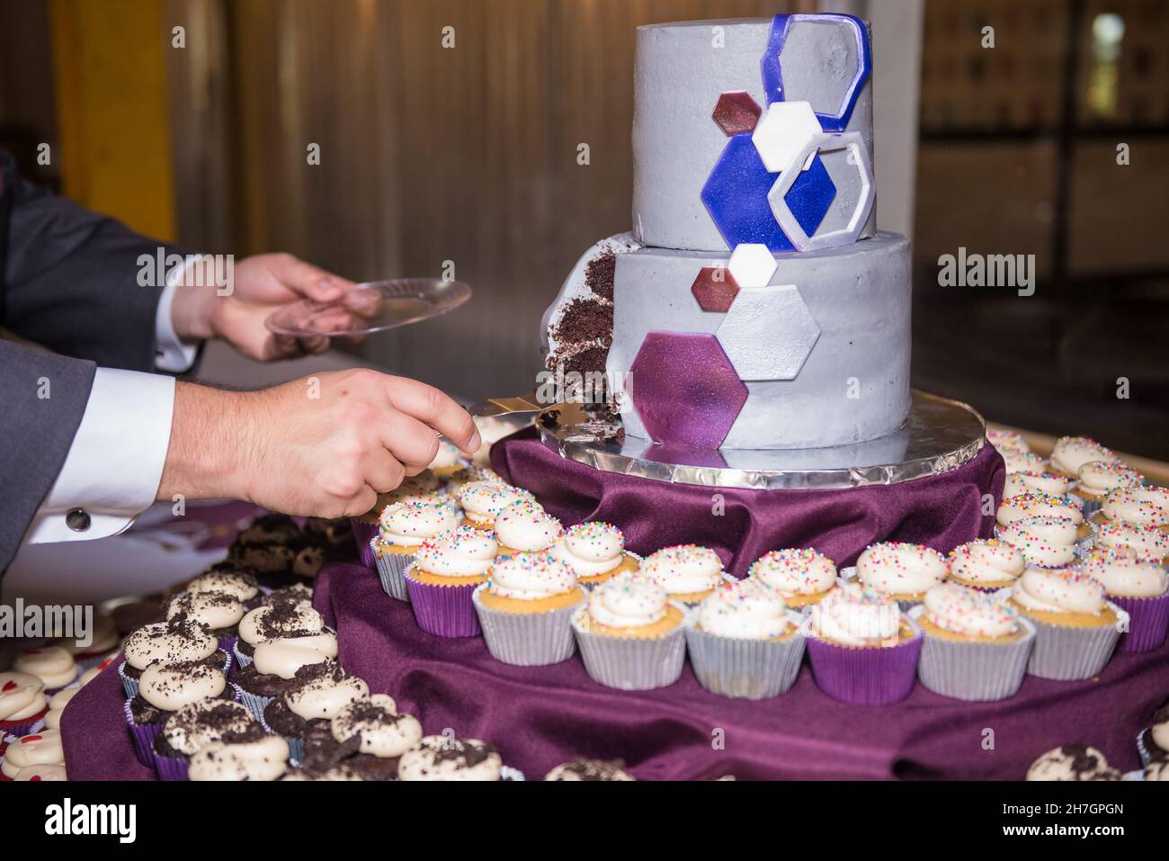 Grooms Cutting The Wedding Cake During Their Wedding Ceremony Stock Grooms Cutting The Wedding Cake During Their Wedding Ceremony Stock