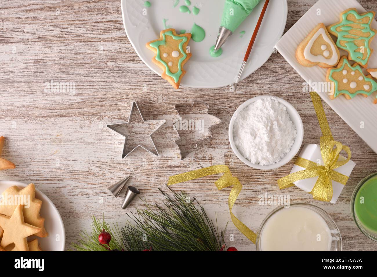 Tools for painting Christmas cookies with icing close up. Top view. Horizontal composition. Stock Photo