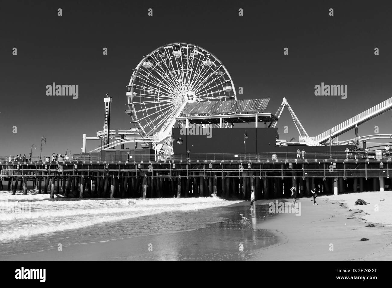 Black and white, monochrome image of Santa Monica Pier, California, United States of America. USA. October 2019 Stock Photo