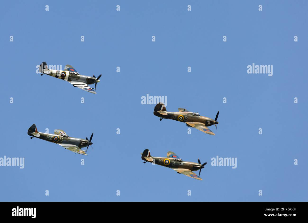Formation of Spitfires and Hurricane of the Battle of Britain Memorial Flight, on the 80th anniversary flypast. 20th September 2020. Stock Photo