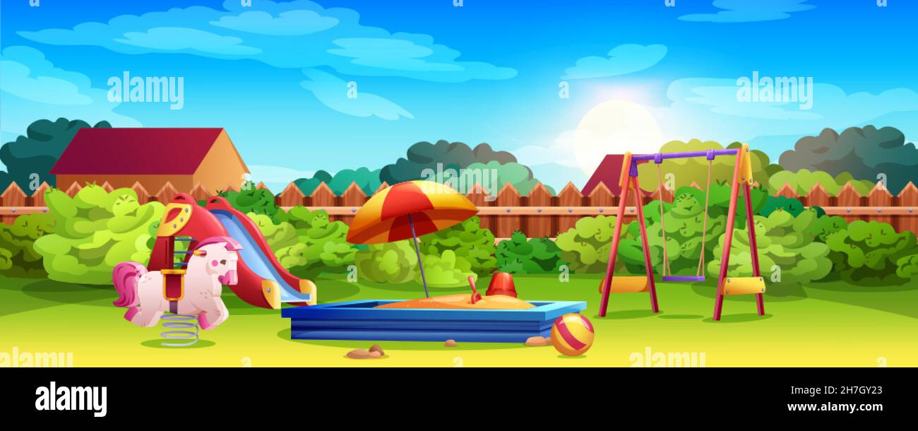 Kids playground in summer garden with swing, slide, sandbox. Play area in  backyard with green lawn, sandpit, seesaw, slider and pink rocking horse.  Vector cartoon illustration activities for children Stock Vector Image