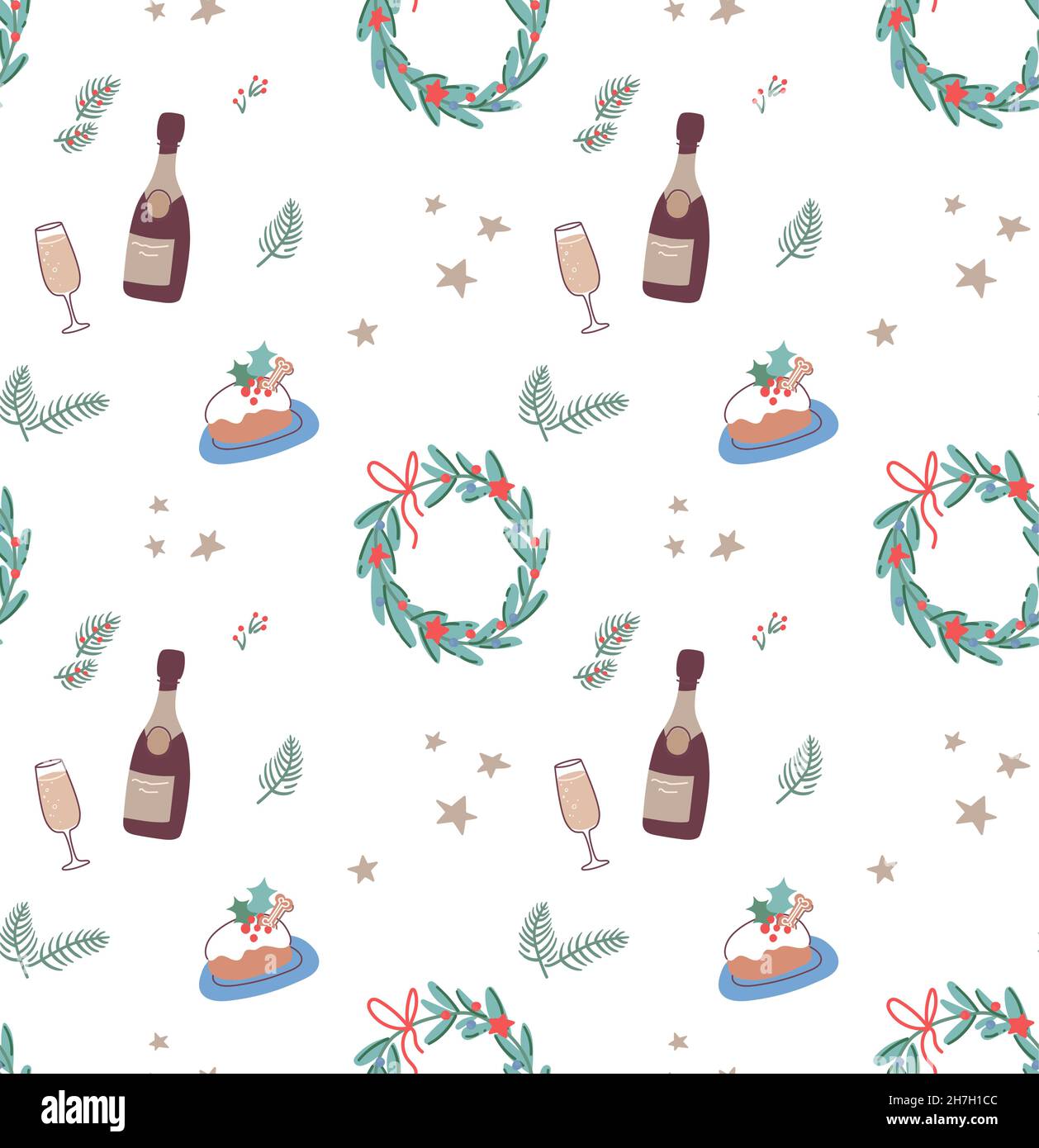 Christmas seamless background with wreaths and champagne. Vector ...