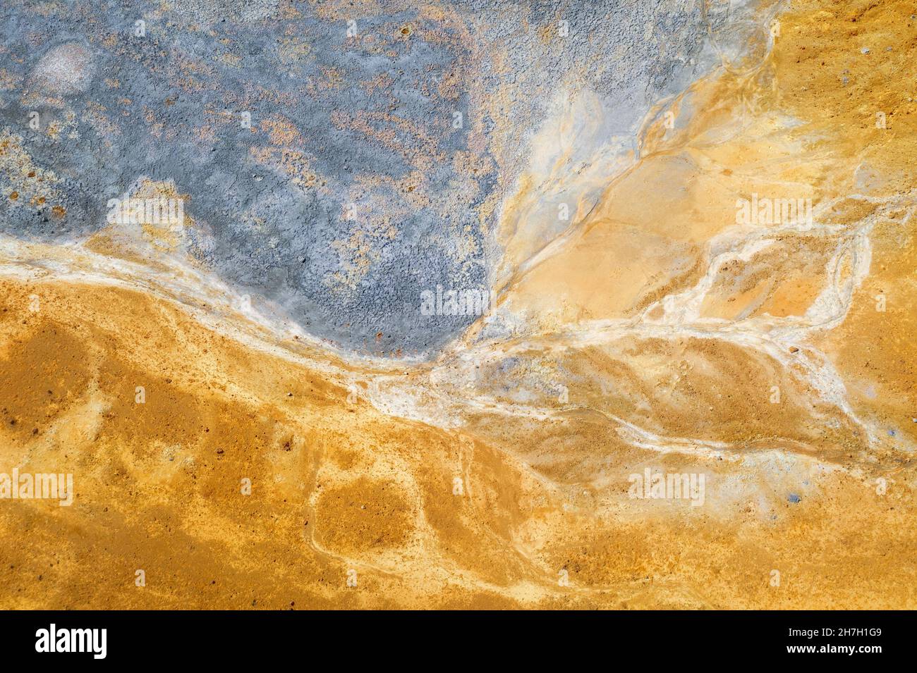 Colorful surface of abandoned pyrite mine tailings. Mining background, aerial view directly above Stock Photo