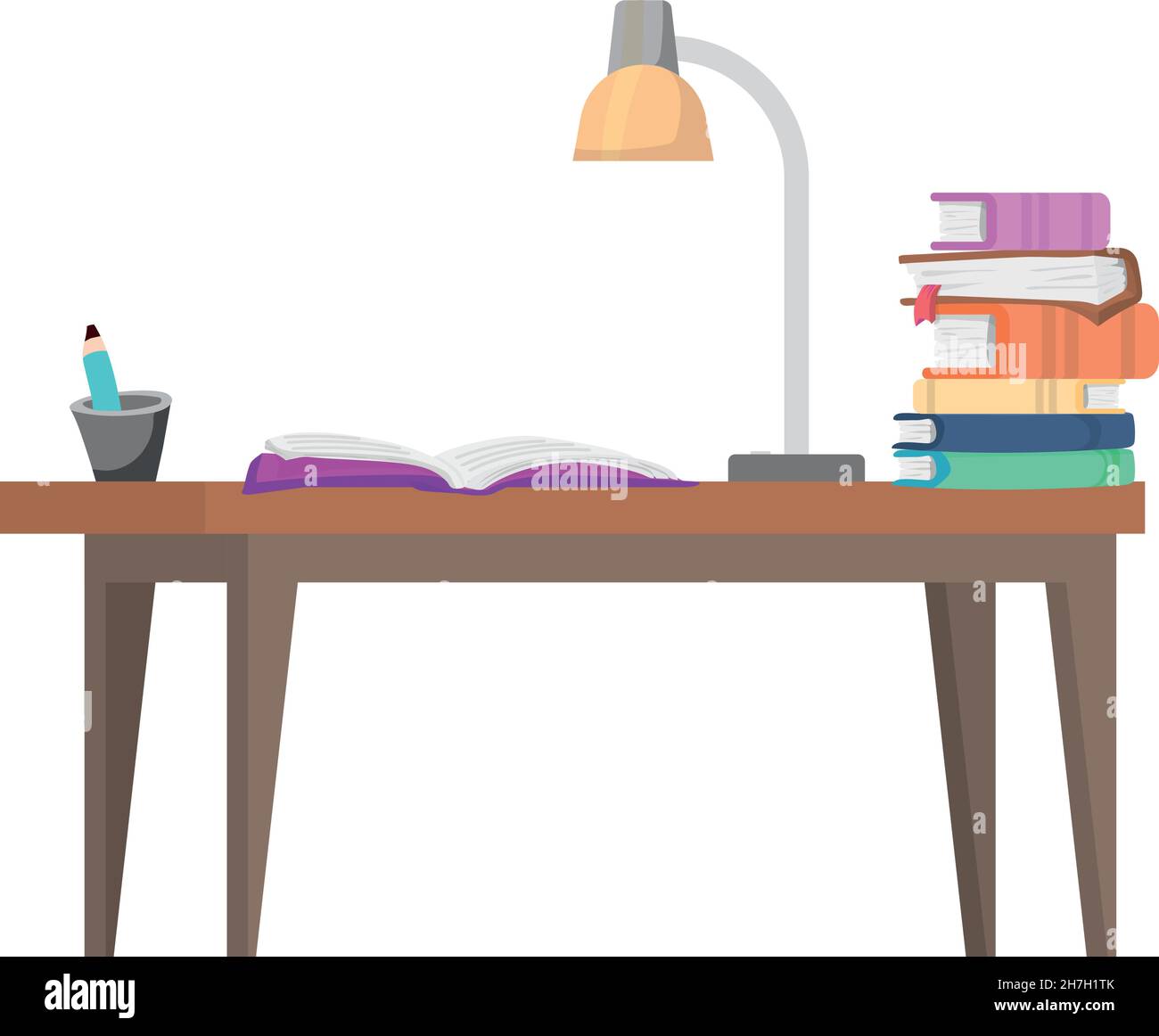 Study desk icon. Table with lamp and books in cartoon style Stock Vector