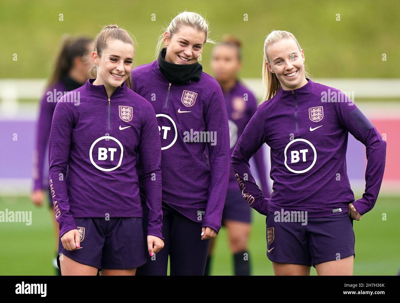 England's Ella Toone (left), Alessia Russo and Beth Mead (right) during a training session at St George's Park, Burton upon Trent. Picture date: Tuesday November 23, 2021. Stock Photo