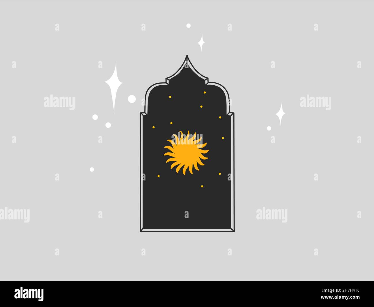 Hand drawn vector abstract stock flat graphic illustration with logo element,astrology bohemian magic art of sun in arch silhouette in simple style Stock Vector