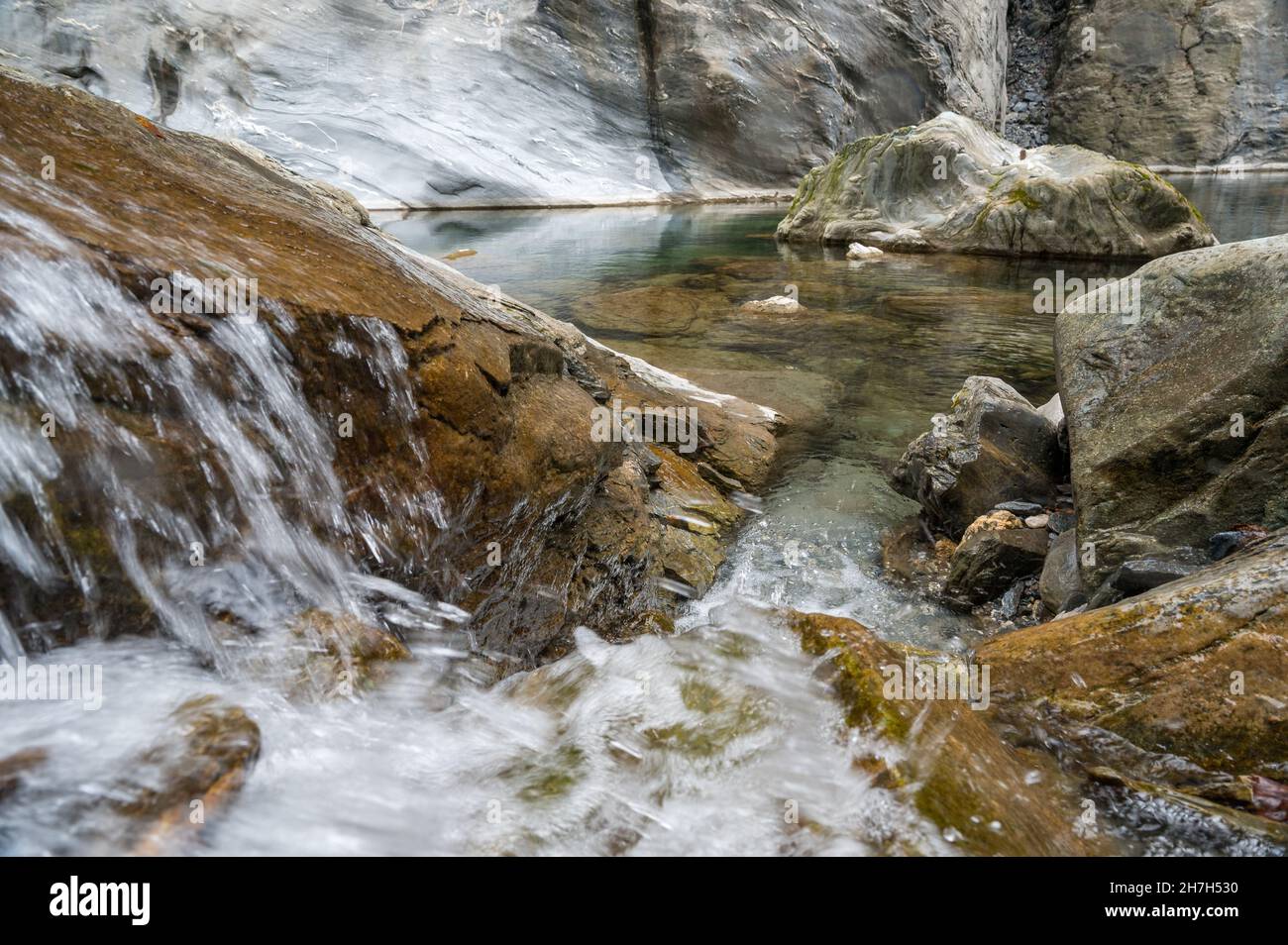 turquoise water of Hinterrhein in Viamala Canyon in Graubünden Stock Photo