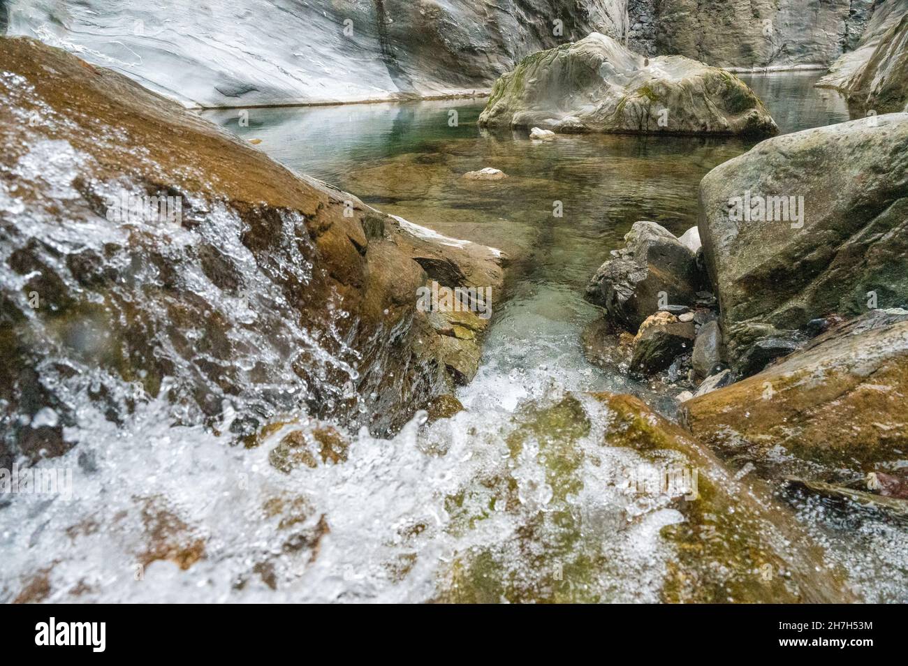 turquoise water of Hinterrhein in Viamala Canyon in Graubünden Stock Photo