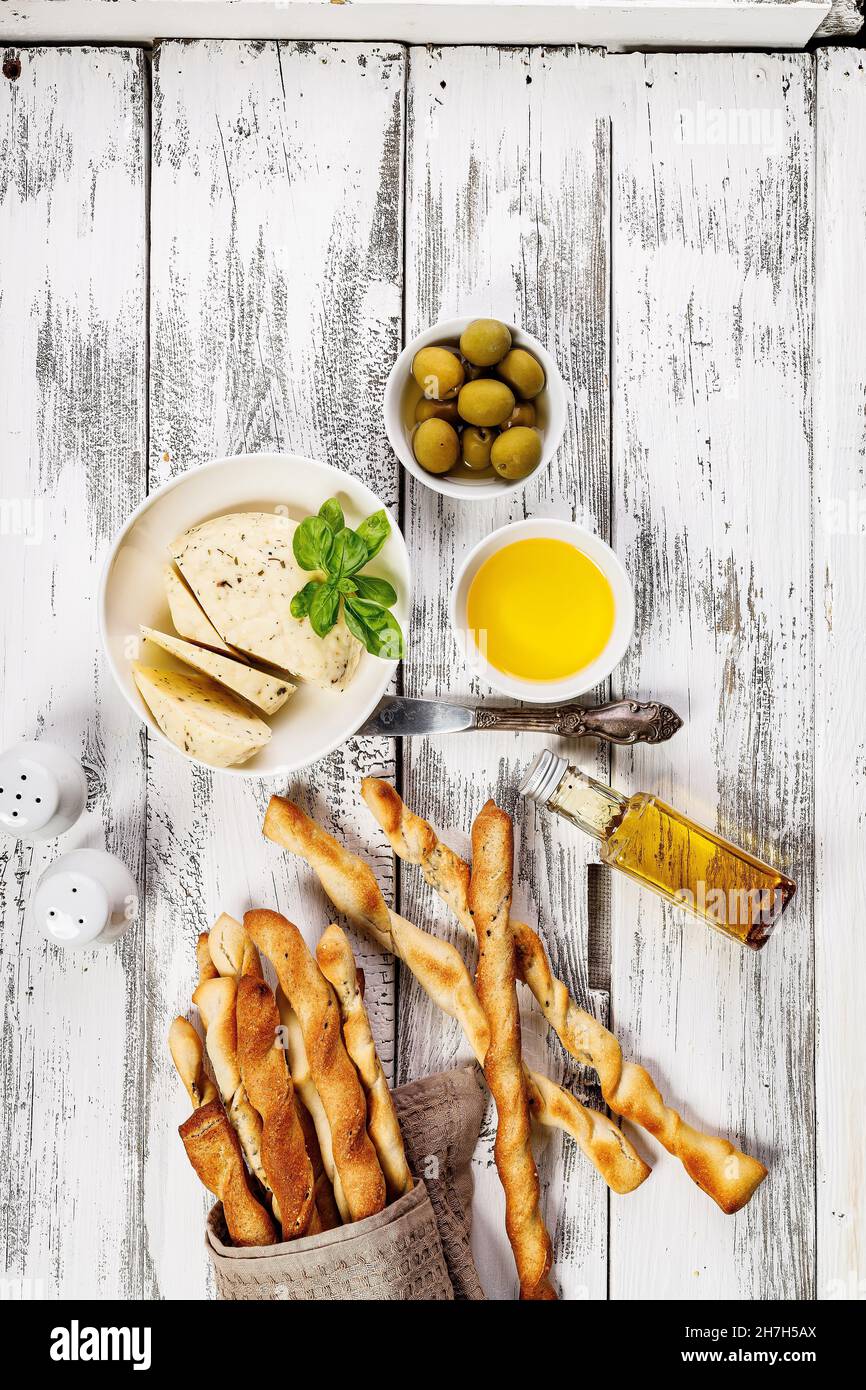 Crispy grissini breadsticks. Traditional Italian wheat bread with