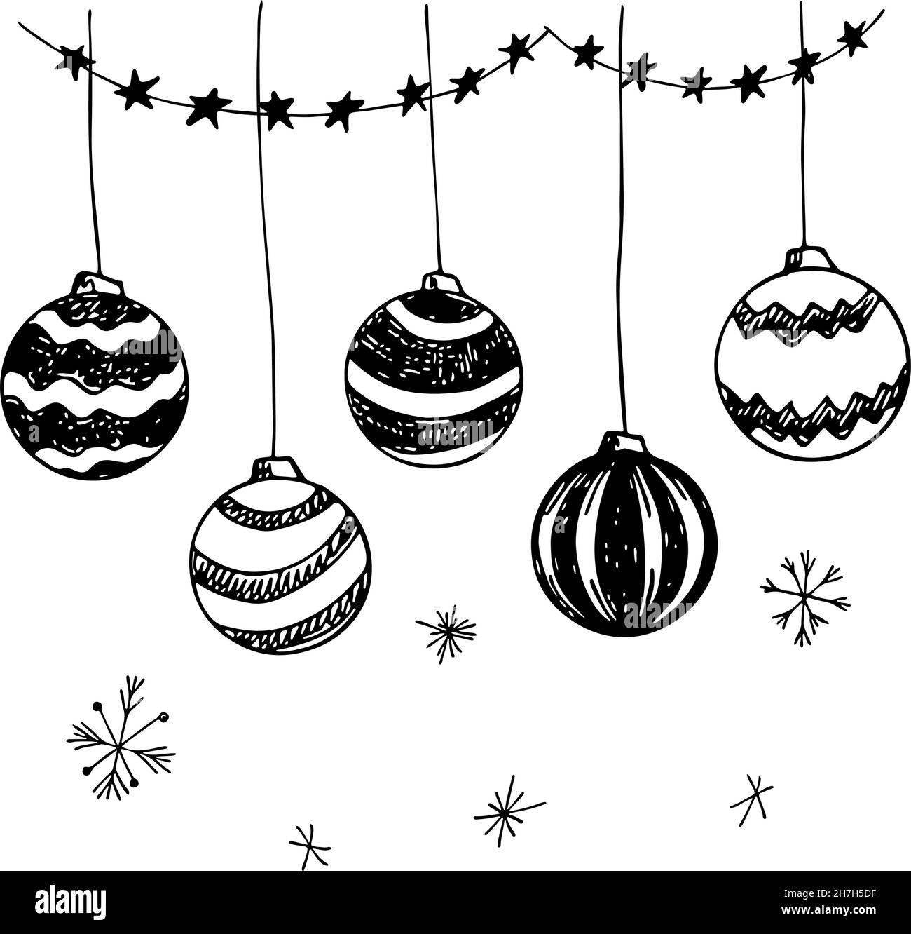 Set of vector doodle Black and white Christmas hand drawn balls Stock ...