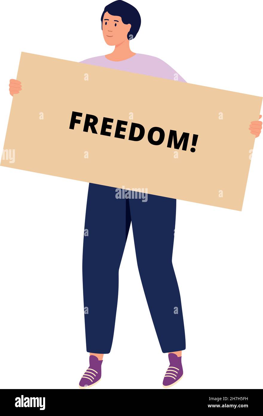 Guy holding freedom banner. Man protesting for human rights Stock Vector