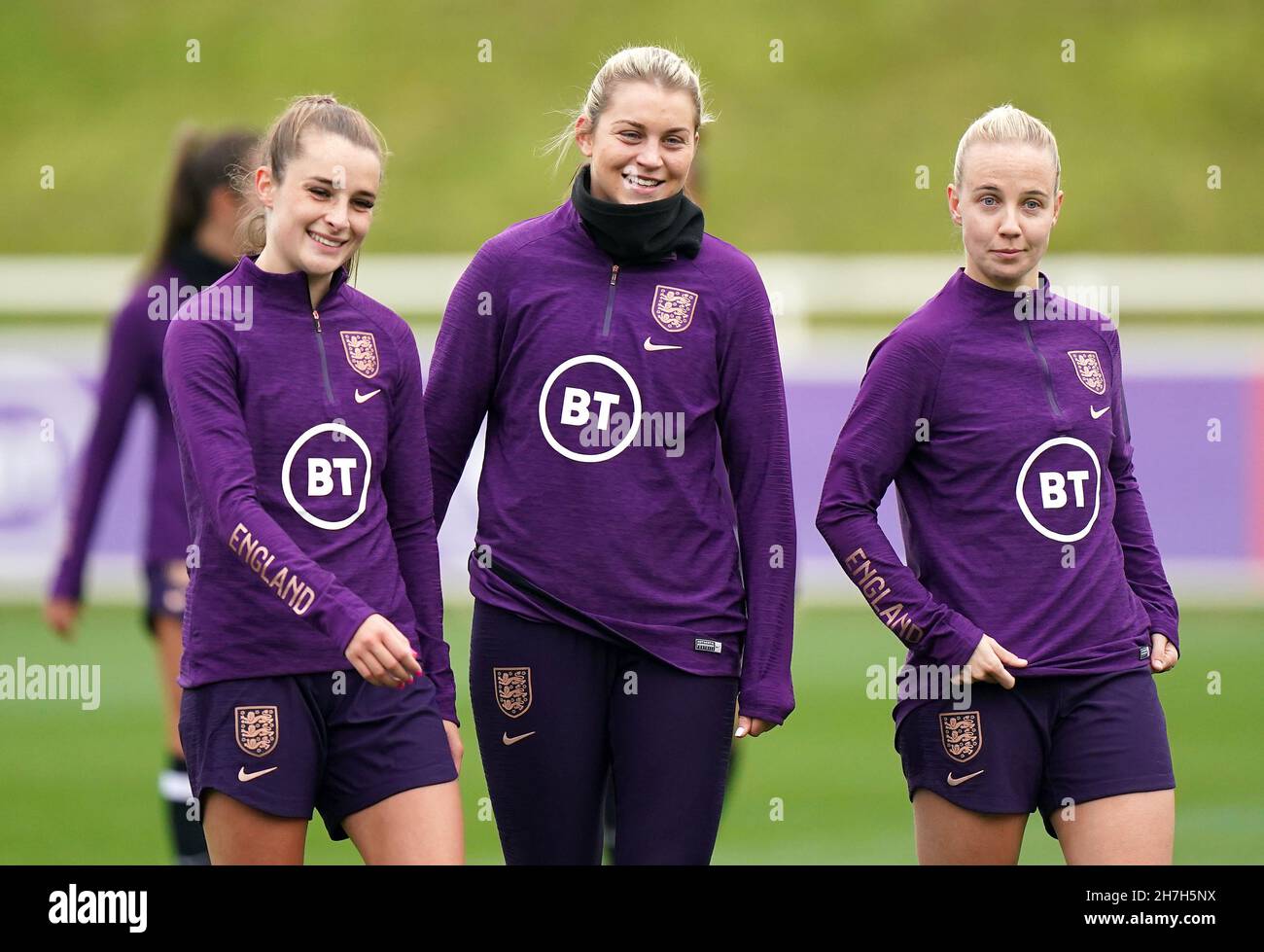 England's Ella Toone (left), Alessia Russo and Beth Mead (right) during a training session at St George's Park, Burton upon Trent. Picture date: Tuesday November 23, 2021. Stock Photo