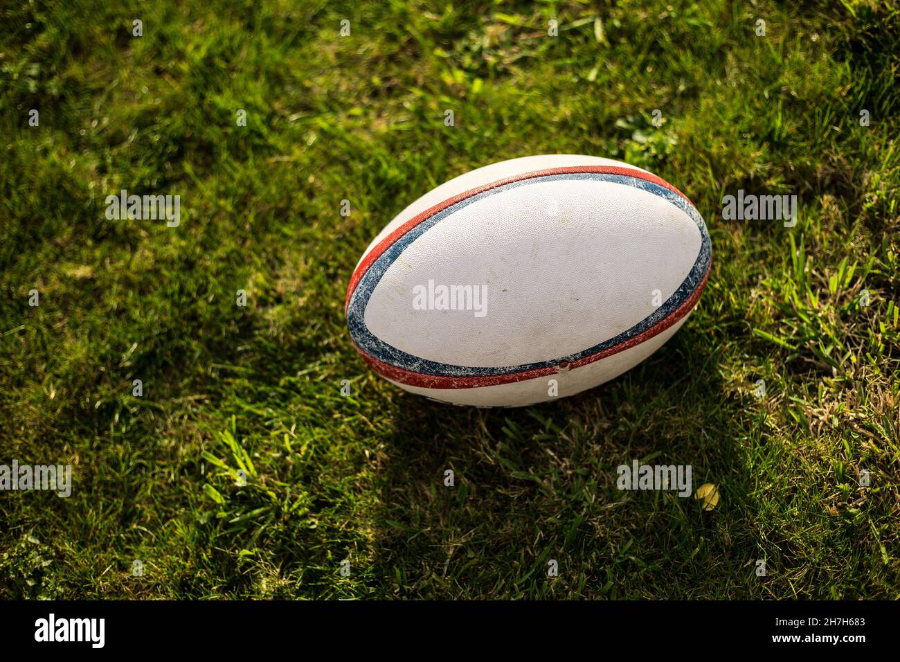 Rugby  ball , Gilbert ,on sports field with green grass for the game of rugby. Focus on ball, sports base at background. Stock Photo