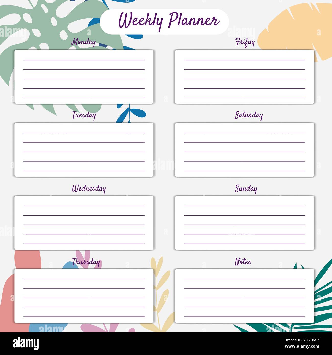Weekly Planner template vector. Palms floral decoration background