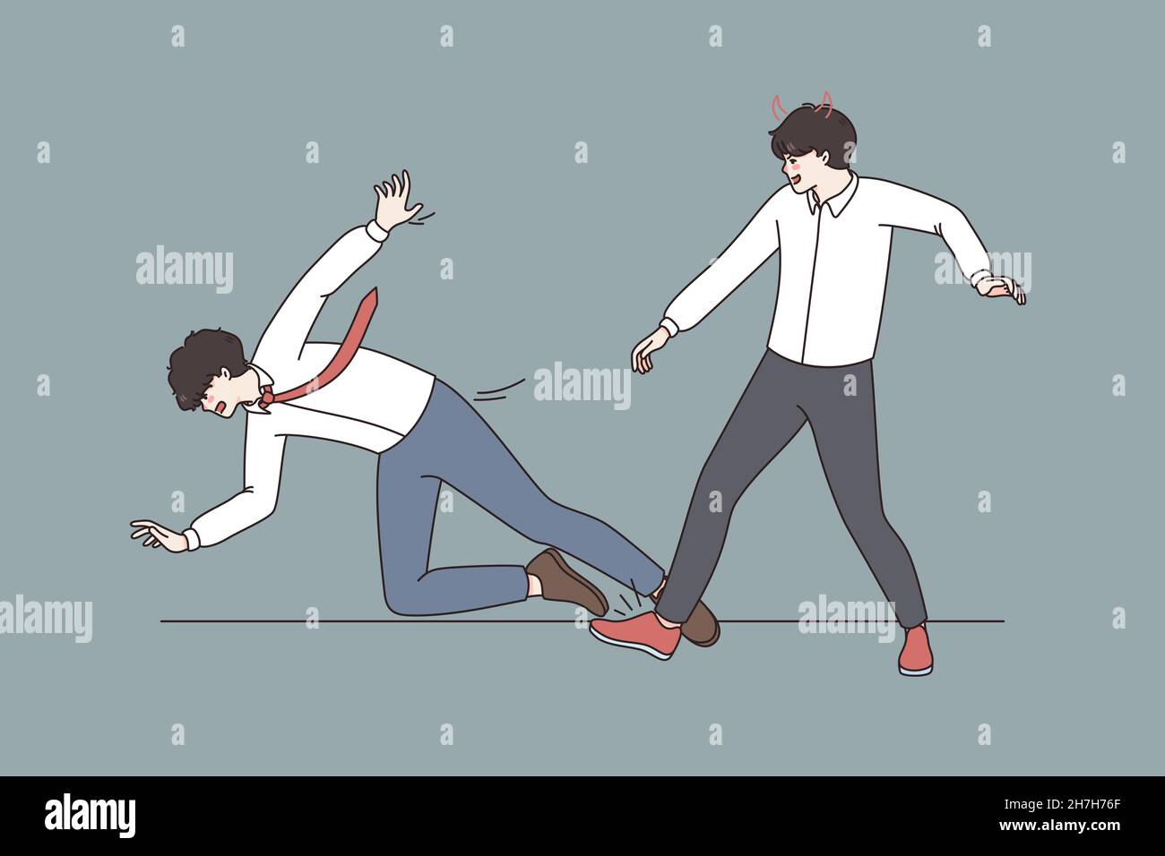 Business tricks and competitors concept. Young angry furious businessman making trip to his colleague making unfair business vector illustration  Stock Vector