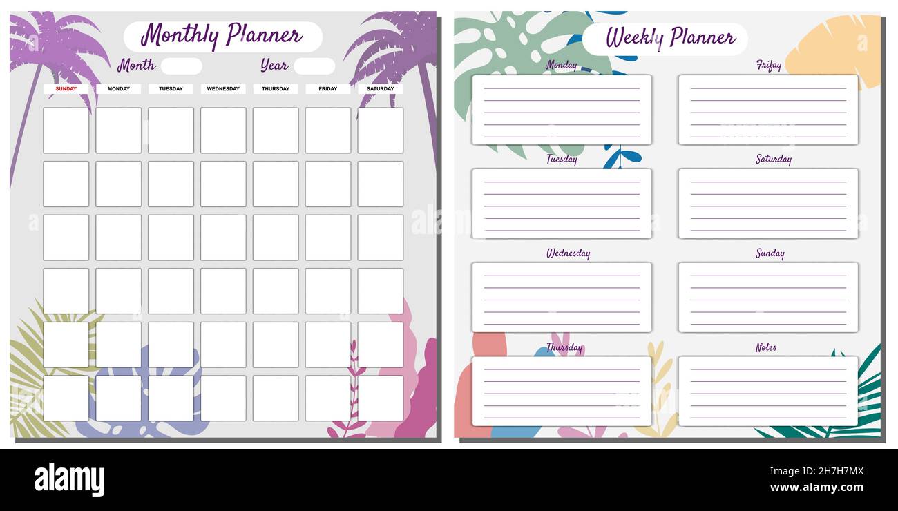 Daily, Weekly, Planner Set template vector. Palms floral decoration