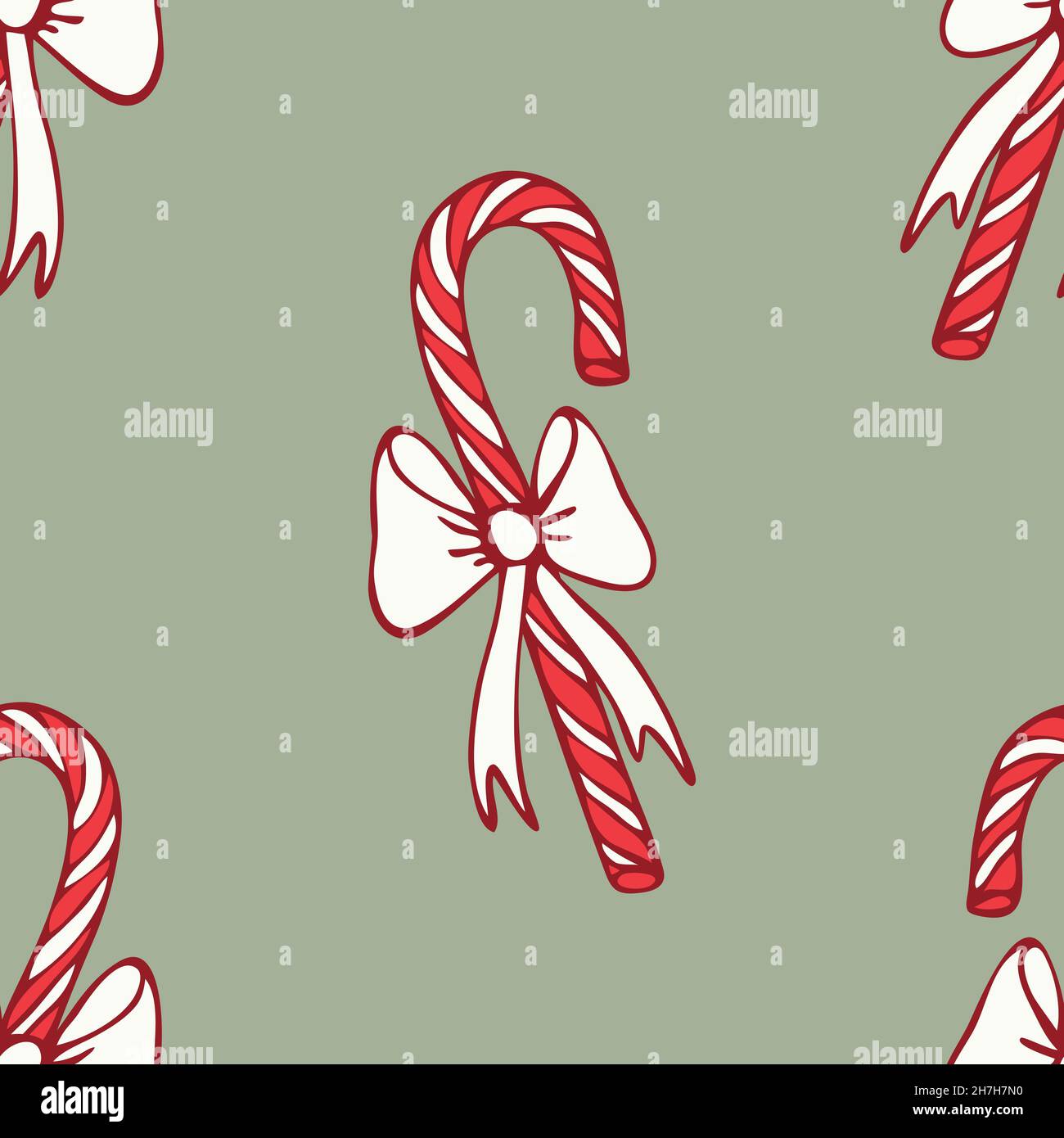 Seamless vector pattern with candy canes on green background. Fun Christmas sweet wallpaper design. Decorative winter festive fashion textile. Stock Vector