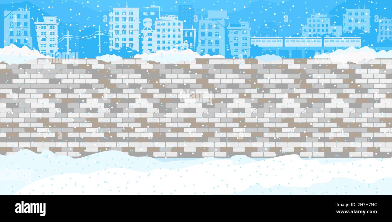 Snow Covered Empty Brick Wall With Winter Background Of The Cityscape Vector Illustration Template Stock Vector
