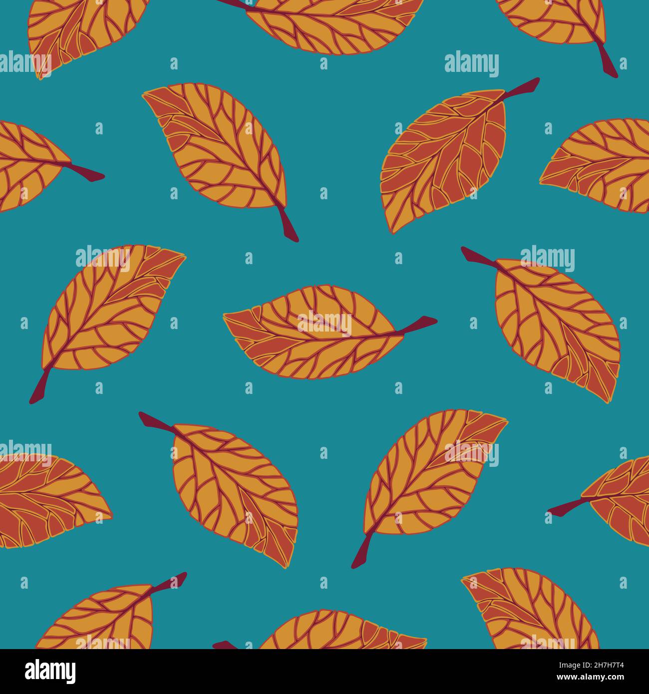 Seamless vector pattern with falling leaves on teal blue background. Simple bright autumn wallpaper design. Decorative modern forest fashion textile. Stock Vector