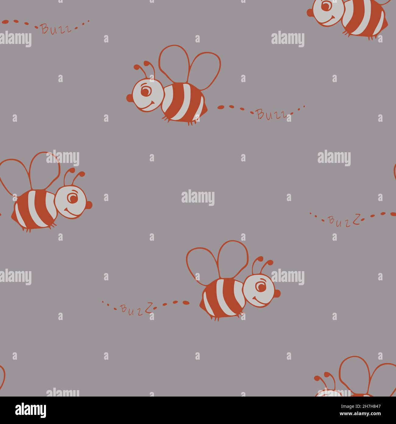 Seamless vector pattern with hand drawn bee on grey background. Simple happy bumblebee wallpaper design for children. Decorative summer cartoon. Stock Vector