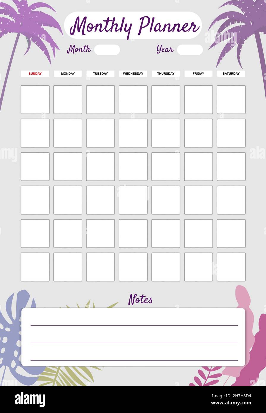 Weekly Planner template vector. Palms floral decoration background