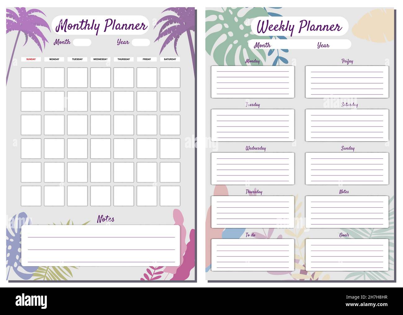 Monthly, Weekly, Planner Set template vector. Palms floral decoration