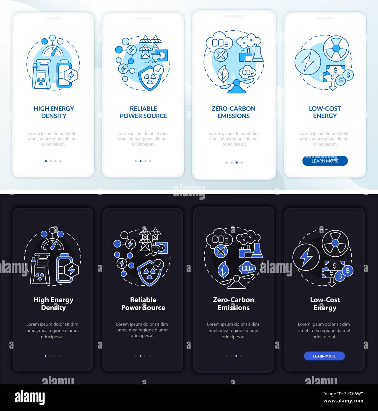 Nuclear power pros onboarding mobile app page screen Stock Vector