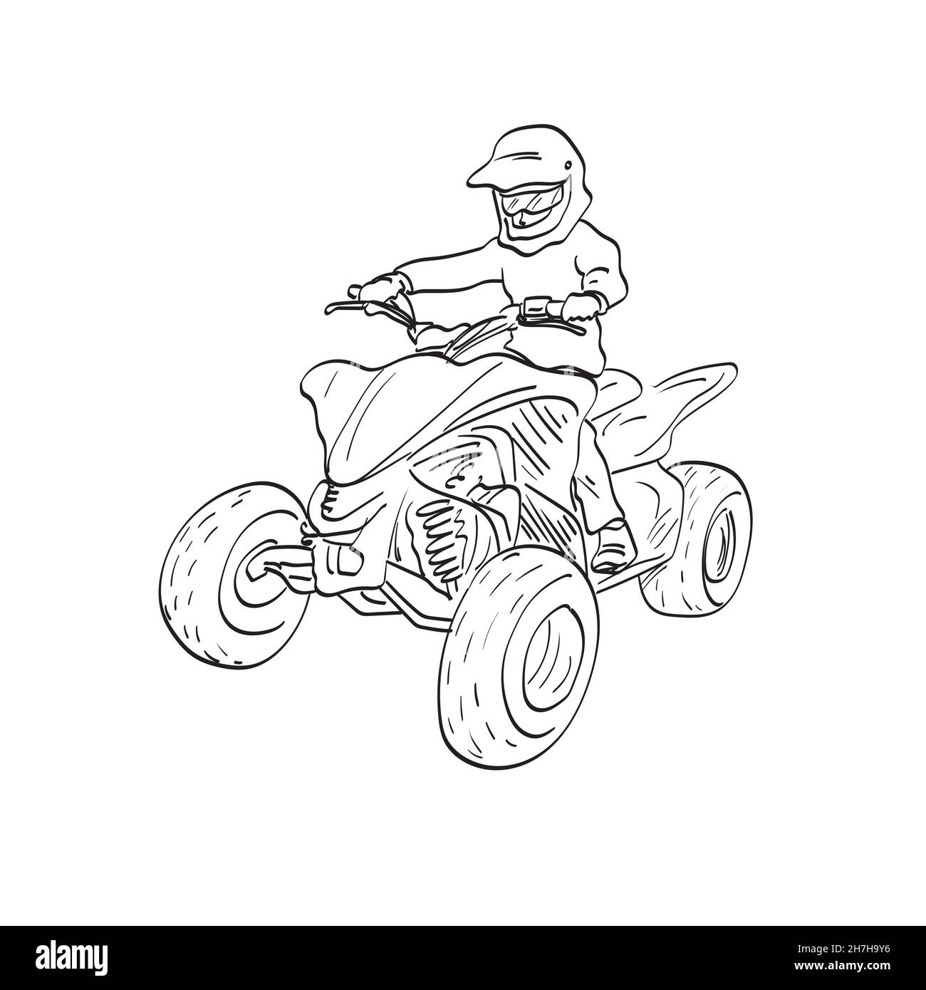 line art boy riding ATV or quad bike illustration vector isolated on white background Stock Vector