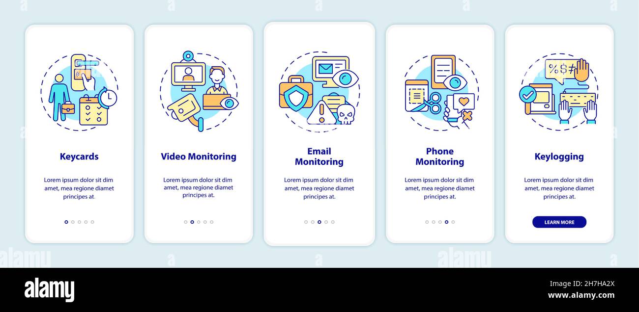 Types of employee monitoring onboarding mobile app page screen Stock ...