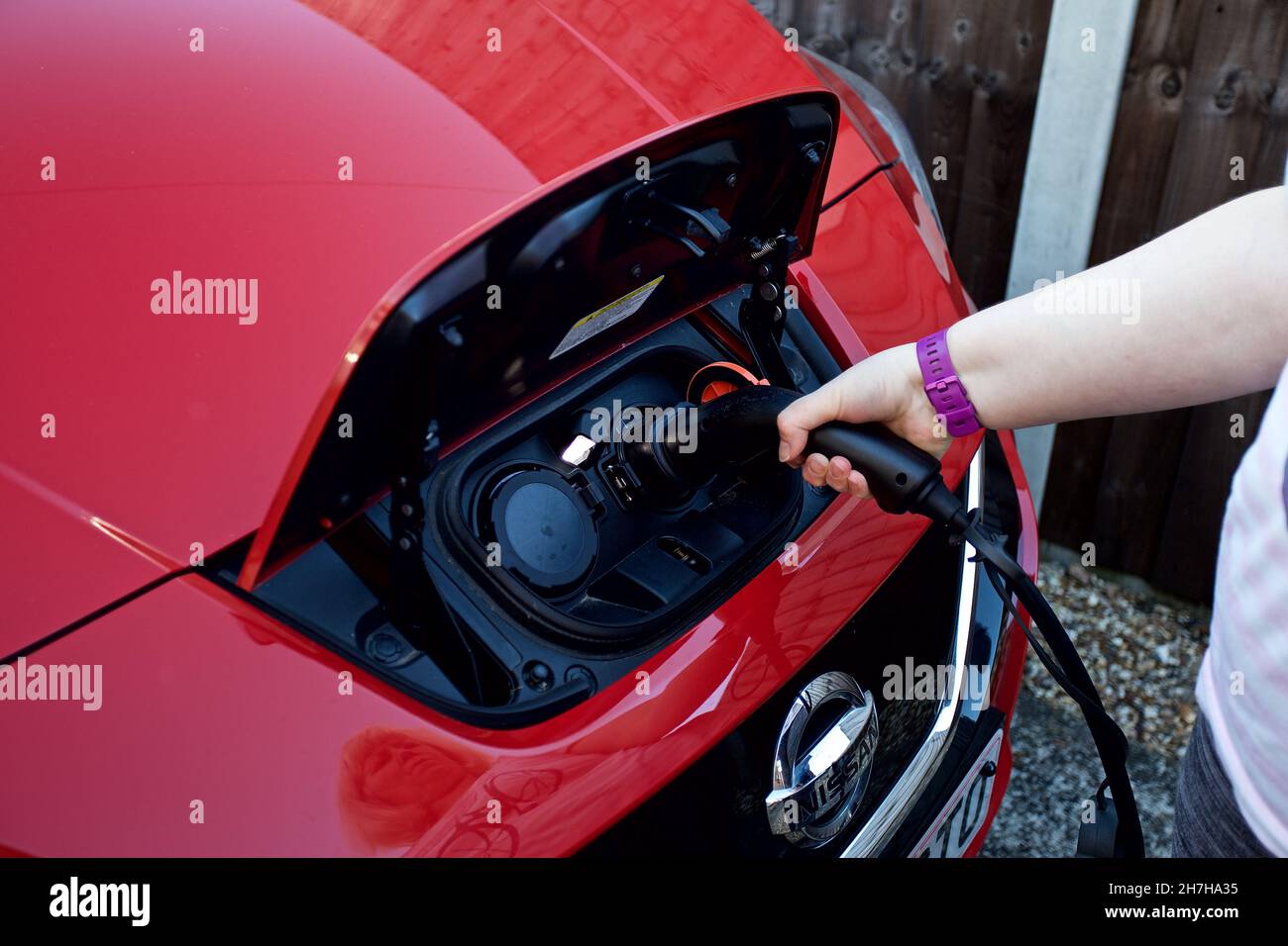 Plugging in the charging lead to the Type 2 charging port of a Nissan LEAF to charge the electric vehicle. Stock Photo