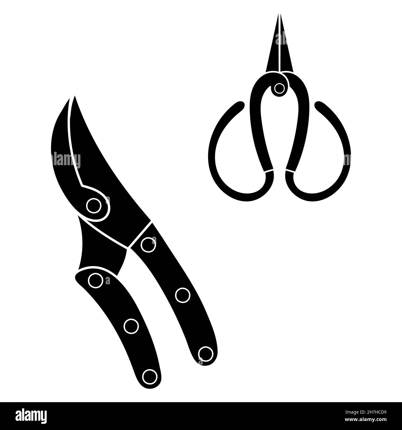 Gardening tools pruners and scissors negative outline simple minimalistic flat design icon vector illustration isolated on white background Stock Vector