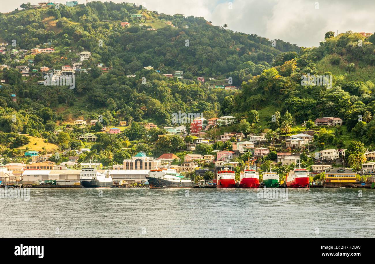 Port full of ships and houses on the hill, Kingstown, Saint Vincent and the Grenadines Stock Photo