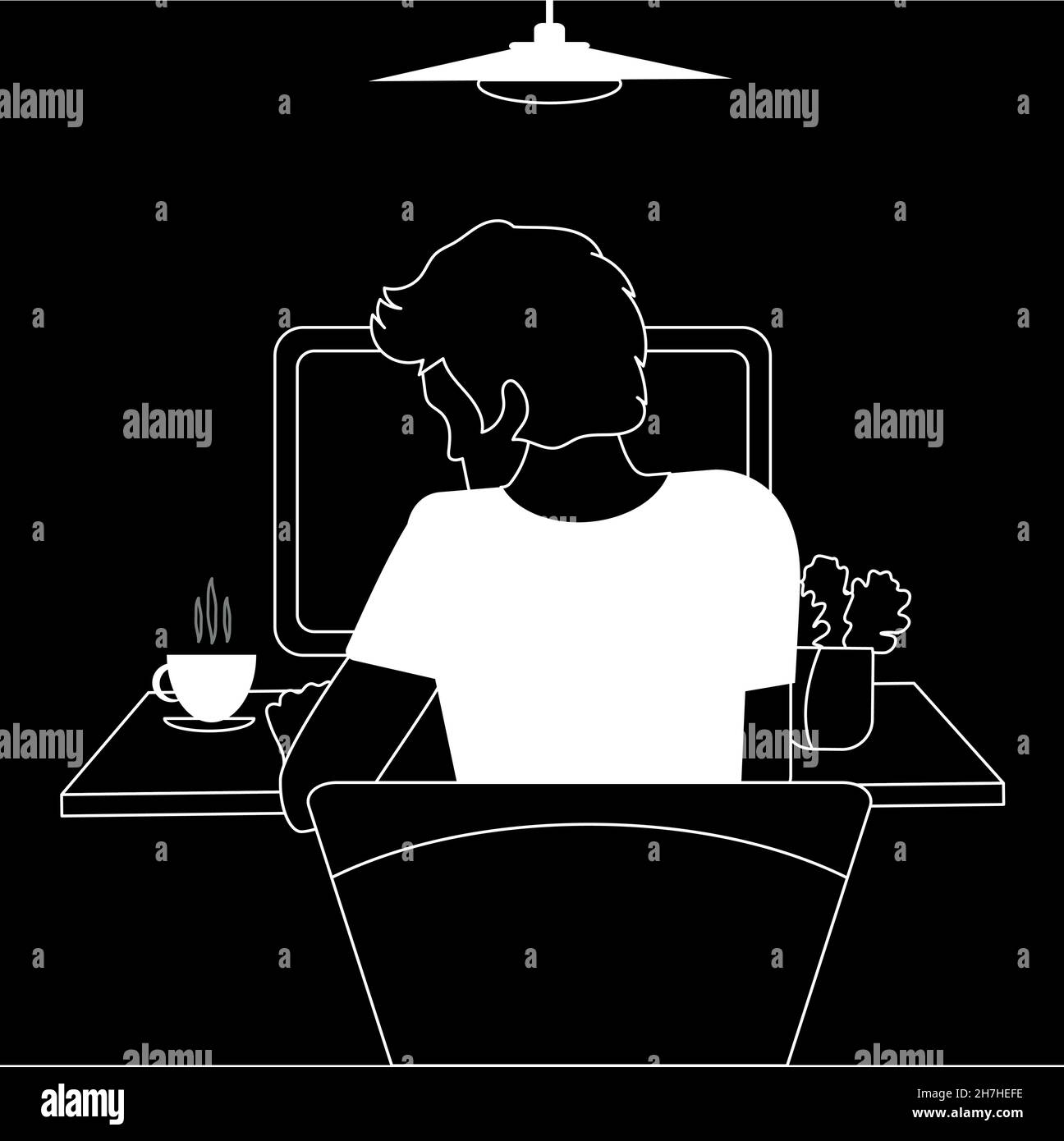 Young modern guy working on laptop at home or office. Black and white vector in simple style or hand drawing .. Technic man character flat Stock Vector