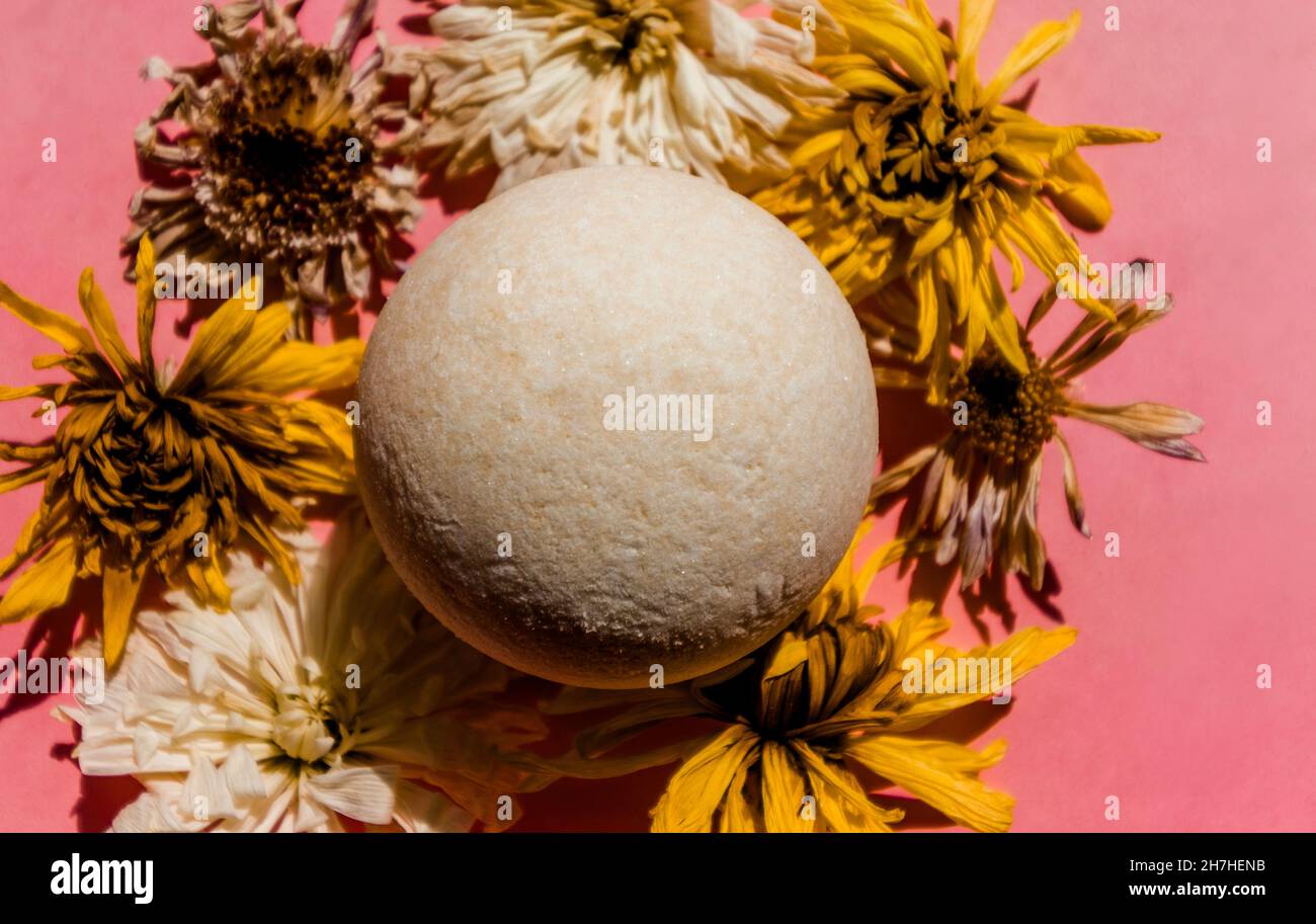 White bath bomb among the buds of dried flowers on a pink background.  Stock Photo