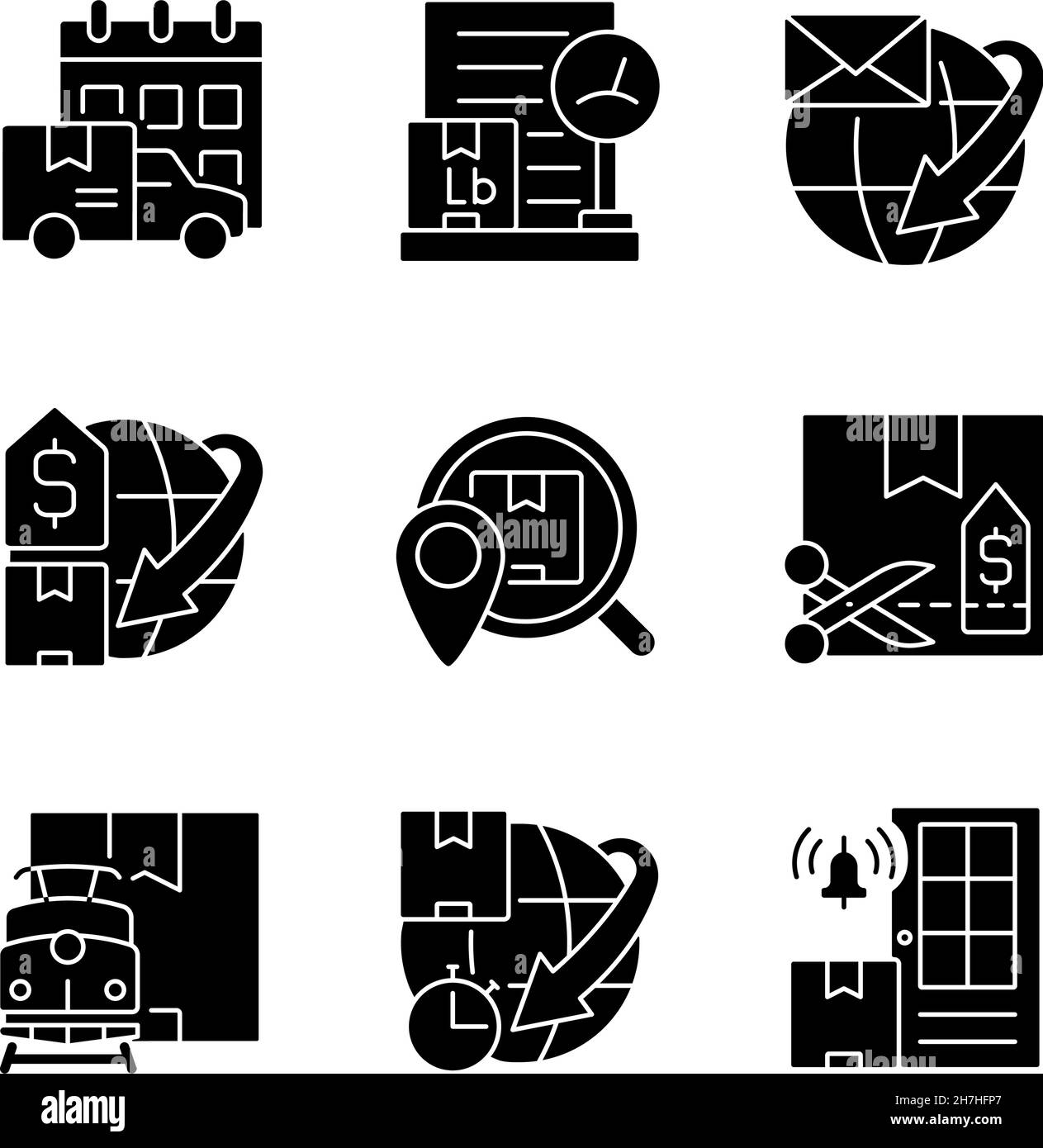 Worldwide shipping professional service black glyph icons set on white