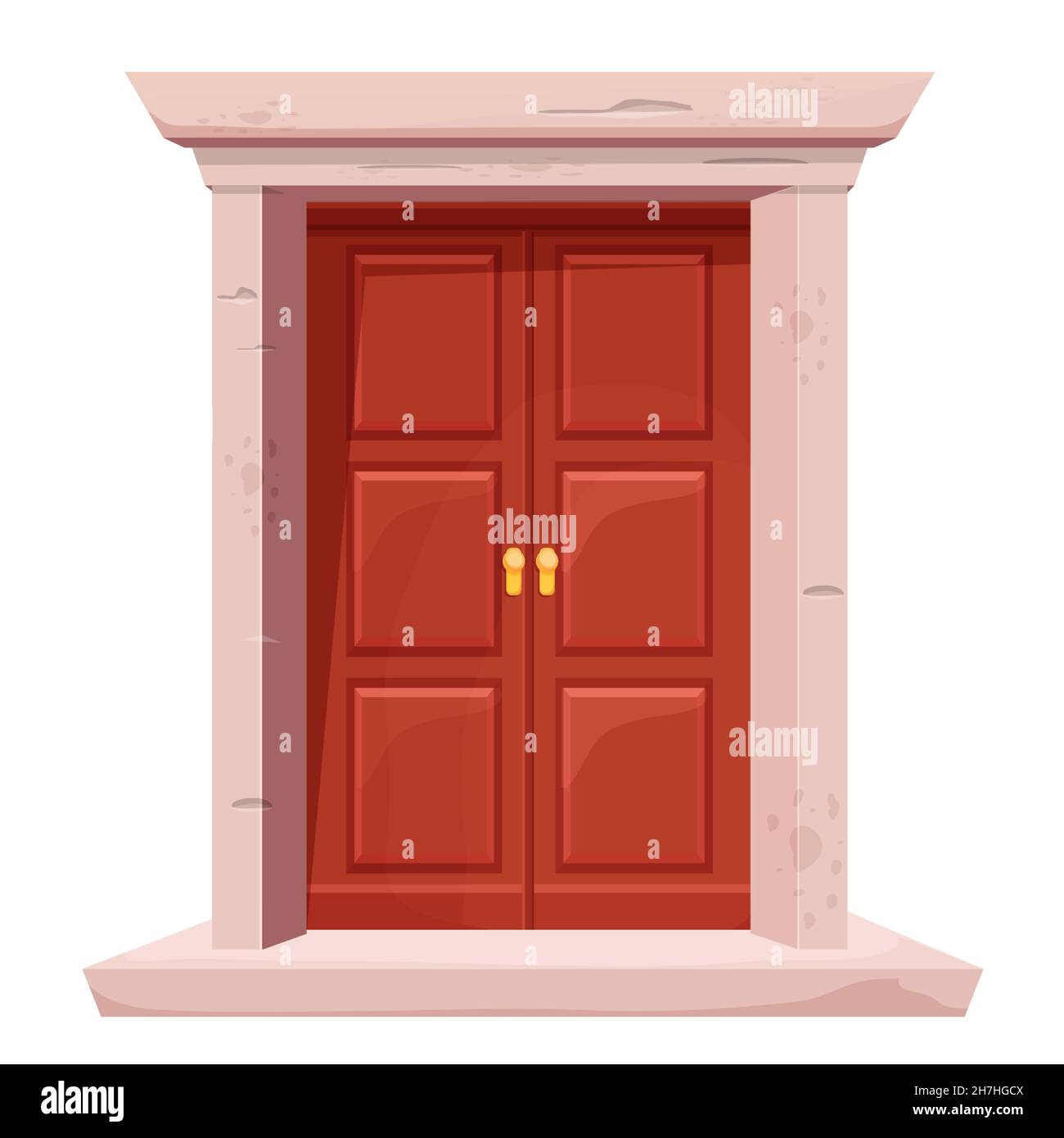 Wooden door with window, stone door frame in cartoon style isolated on