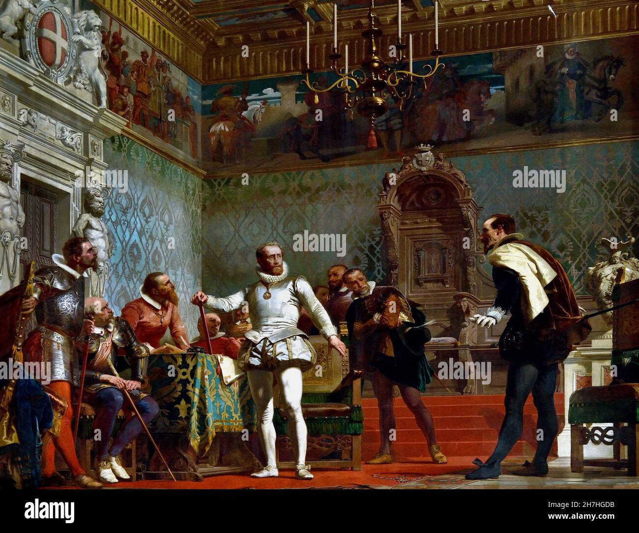 Carlo Emanuele I torn from the neck the golden fleece returns it to the ambassador of Spain 1865 by Gamba Enrico, 1831/ 1883, Torino Palazzo Reale - Turin Royal Palace, Italian, Italy Stock Photo