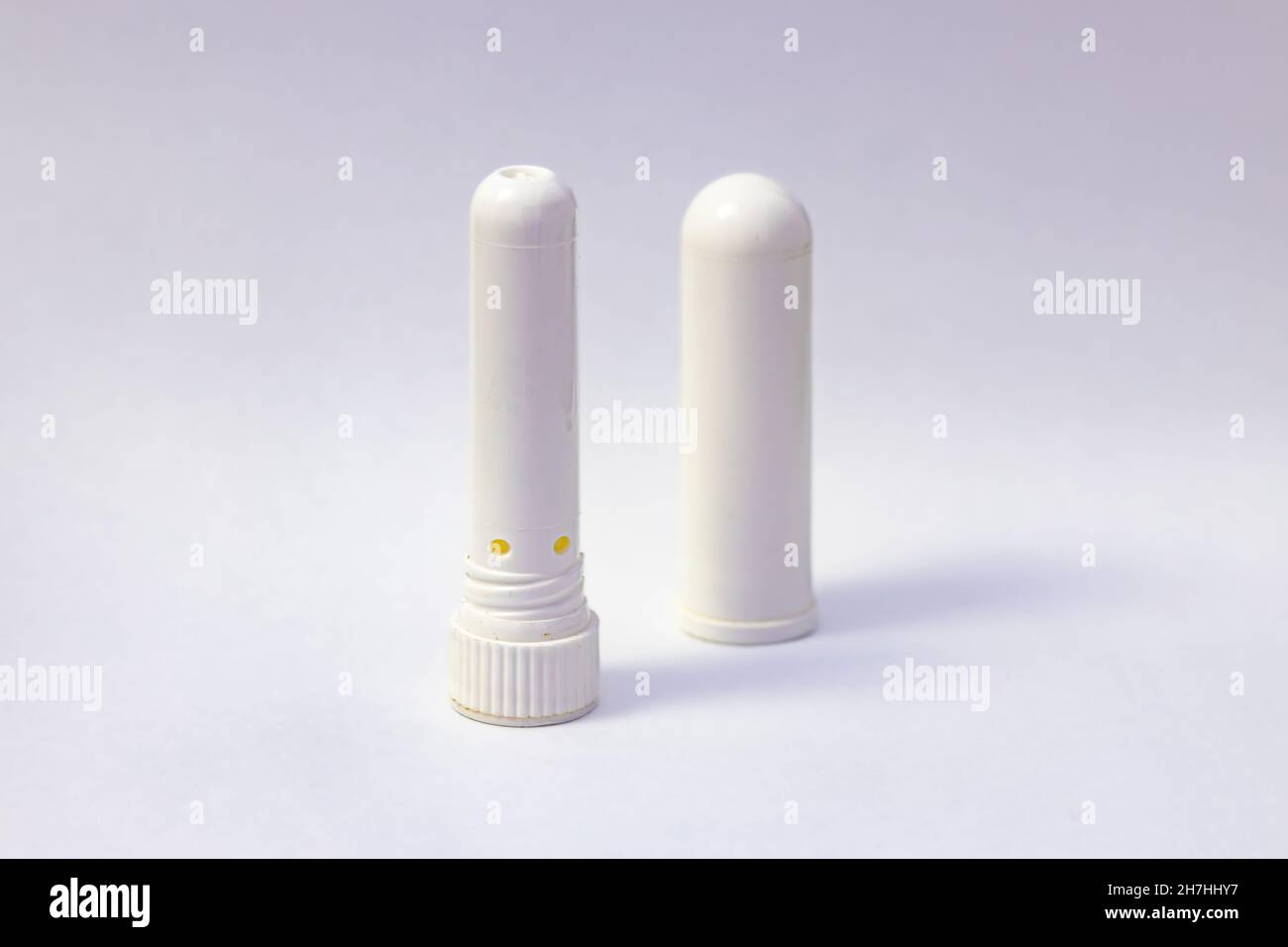 Decongestant White inhaler with essential oil vapors Stock Photo